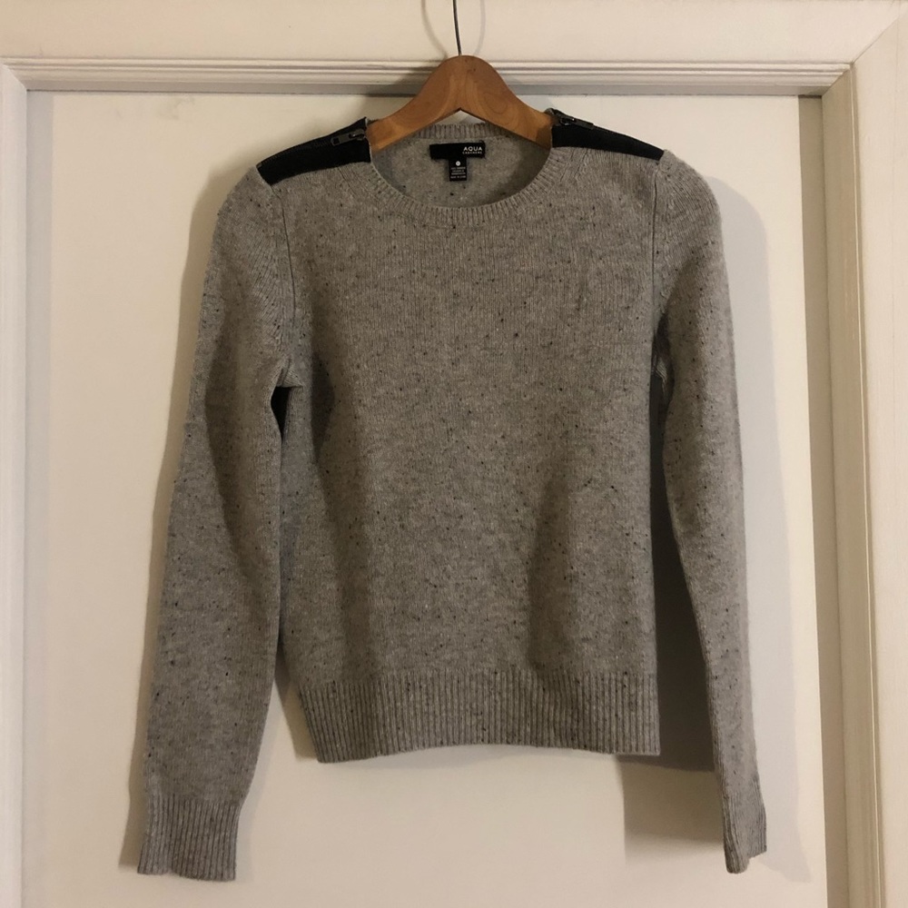 Aqua Cashmere Heather Gray Zip-Shoulder Crewneck Sweater (100% cashmere)